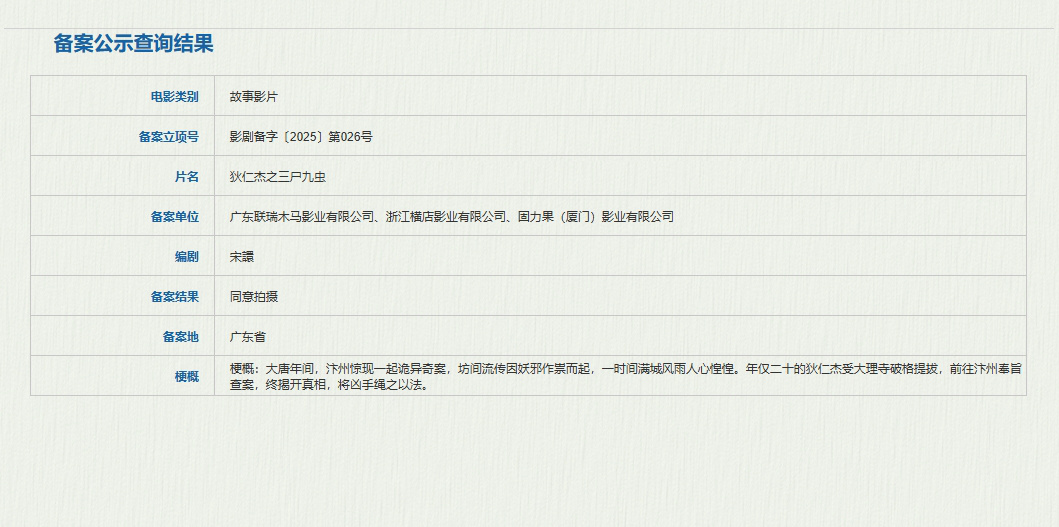 青年狄仁杰断诡案!《狄仁杰之三尸九虫》备案立项-起点剧情网